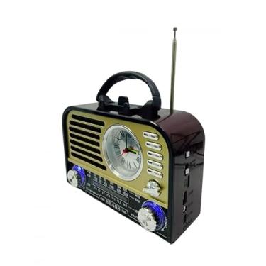 Imagem de Rádio Retrô Portátil AM/FM/SW, 3W, Bluetooth 5.1, com Lanterna, Relógio Analógico, Entrada USB/SD, Bivolt (Madeira Escura)