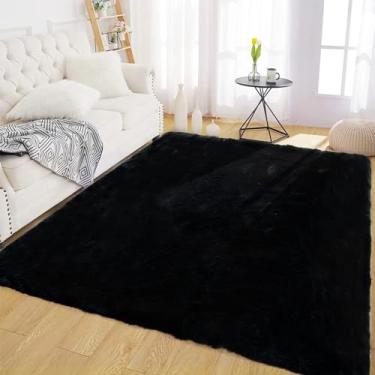 Imagem de Latepis Tapetes de área 12 x 18 cm, preto, fofo, lavável, tapete felpudo de coelho felpudo para sala de estar, chão, berçário, quarto, tapetes grandes, decoração de casa