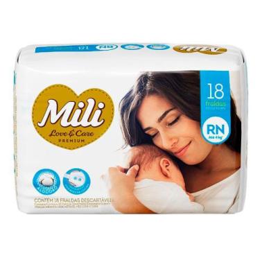Imagem de Fralda Mili Love e Care Premium Tamanho RN 18 Unidades Descartáveis