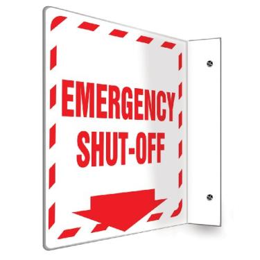 Imagem de Accuform Signs Placa de projeção PSP428 90D, legenda "Desligamento de emergência (seta), painel de 20 cm x 20 cm, plástico de alto impacto de 0,3 cm de espessura, orifícios de montagem pré-perfurados,