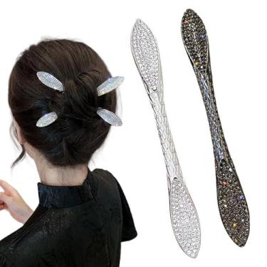 Imagem de Pauzinhos de cabelo de liga geométrica preta prateada, strass, folha de salgueiro, coque de cabelo, bastões de cabelo, acessórios de cabelo minimalistas japoneses, alfinetes versáteis de estilo