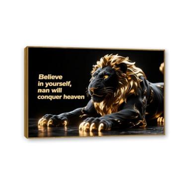 Imagem de Tela inspiradora arte de parede animal pôster motivacional preto e dourado rei leão dominador presentes de incentivo inspirador para homens imagem de afirmações positivas 60 x 40 cm (24 x 16 polegadas