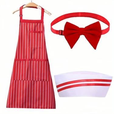 Imagem de APZDFGIFCD Kit de fantasia de garçom, 3 peças, kit de fantasia de soda jerk dos anos 1950, avental listrado vermelho e branco com 2 bolsos, chapéu de chef, gravatas-borboleta vermelhas ajustáveis para