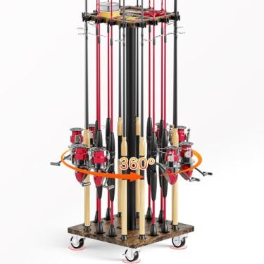 Imagem de OFIDELITY Suporte para vara de pesca com base rotativa – capacidade de 16 varas, organizador de vara de madeira durável para garagem, barco e caminhão, armazenamento e exibição de equipamentos de