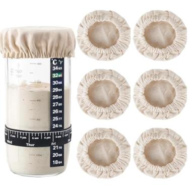 Imagem de Kit de pano de 8 peças de tampas de pote de fermento para iniciantes com 6 capas de linho reutilizáveis, termômetro e faixa de rastreador de tempo - serve para recipientes de potes de vidro de 7,6 a