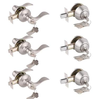 Imagem de Gobrico Alavancas de porta de entrada de onda e fechadura de cilindro único conjunto de combinação de fechadura com acabamento em níquel escovado com chave semelhante à chave para porta de entrada,