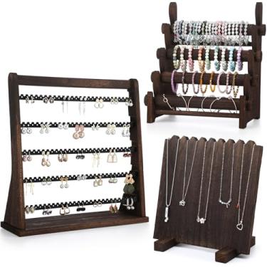 Imagem de RattanView Conjunto organizador de joias de madeira com 3 peças, inclui suporte de exibição de pulseira de 4 camadas, organizador de brincos de 5 camadas, suporte de colar de madeira para vender casa