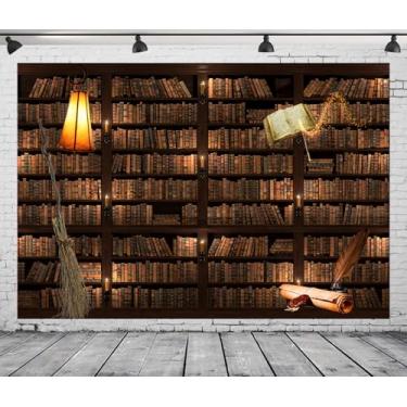 Imagem de DePhoto Estante mágica de Halloween, 2,8 x 1,8 m, pano de fundo, vassoura de estudo de bruxa, livro de couro bovino para tema de bruxo, para bebês, recém-nascidos, decorações de festa de vinil