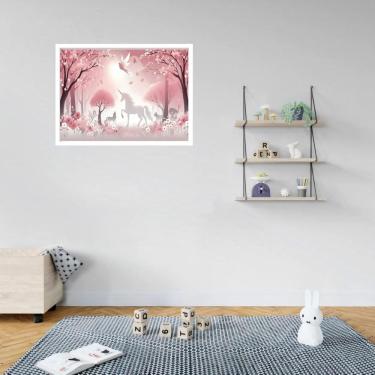 Imagem de Quadro Decorativo Unicórnio Floresta Rosa - 50X70Cm