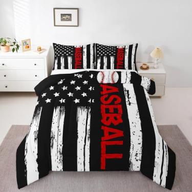 Imagem de Erosebridal Edredom de Bandeira Americana, Roupa de Cama de Beisebol, 2 Peças, Jogos Esportivos, Edredom de Plumas para Meninos, Meninas, Quarto, Conjunto de Edredom Listrado Preto (Gêmeo, Cor 14)