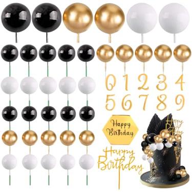 Imagem de MEMOVAN Balls Cake Toppers 48PCS Man Cake Decorations with Black Gold White Ball Happy Birthday and Numbers 0-9 Cake Insert Topper Black Gold Cake Decoration for Man Boy Black Theme Baby Shower Bday