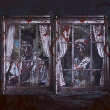 Imagem de 2 peças de cortina assustadora de Halloween com silhueta de janela, decoração de terror, Halloween, cortina de fantasma de casa assombrada, pôster de fantasma de sangue para decoração interna e