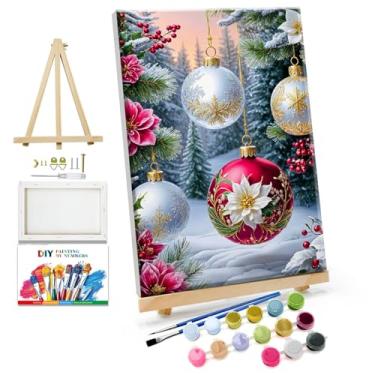 Imagem de JOOZ Kit de pintura por números para adultos, pintura de bola de Natal emoldurada por número com cavalete árvore de Natal kits de pintura a óleo por números emoldurados DIY kits de pintura a óleo para