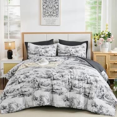 Imagem de WONGS BEDDING Conjunto de edredom casal, 7 peças, edredom preto e branco com lençóis, microfibra macia e leve Toile de Jouy, conjunto de cama para todas as estações