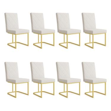 Imagem de Kit 08 Cadeiras de Jantar Estofada Siena Linho Bege Base de Ferro Dourada - Pallazio