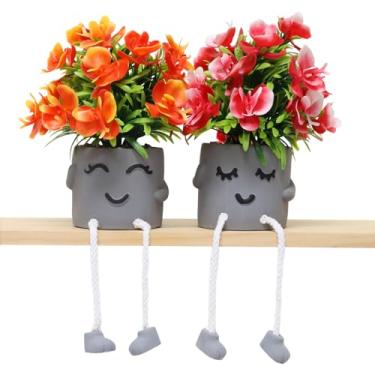 Imagem de Zerzsy Suculentas falsas em vasos de cimento com perna pendurada, mini plantas falsas em vasos, 2 peças (vermelho + laranja