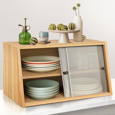 Imagem de Armário de bancada pequeno para cozinha, mini armário de bancada com 2 portas deslizantes de acrílico, aparador pequeno de despensa de cozinha de 59,9 cm, armário de armazenamento de bancada de 2