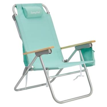 Imagem de SUNNYFEEL Cadeira de praia dobrável com encosto alto, cadeira de praia alta com 3 posições reclináveis, cadeira de acampamento portátil para adultos, apoio de braço de madeira, cadeira de acampamento