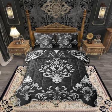 Imagem de Erosebridal Conjunto de edredom preto cinza gótico 7 peças, tamanho king, vintage, boêmio, damasco, floral, boêmio, exótico, gótico, para crianças, adultos, vitoriano, barroco, conjunto de lençóis