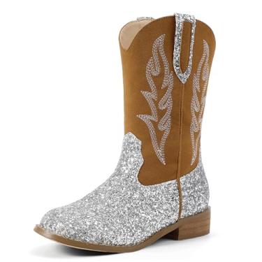 Imagem de Hehainom Botas De Cowboy Para Meninas, Botinhas Crianças Pequenas, Tamanho Grande, Cano Médio, Sapatos Montaria, Lantejoulas Prateadas, 8 M, Eua, Meninos,