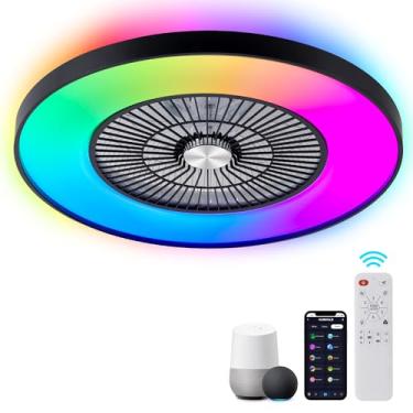 Imagem de HUMHOLD Ventiladores de teto sem lâmina de 61 cm com luzes e controle remoto/aplicativo/voz, ventilador de teto de baixo perfil com luzes RGB, ventilador de teto embutido embutido para quarto/sala de
