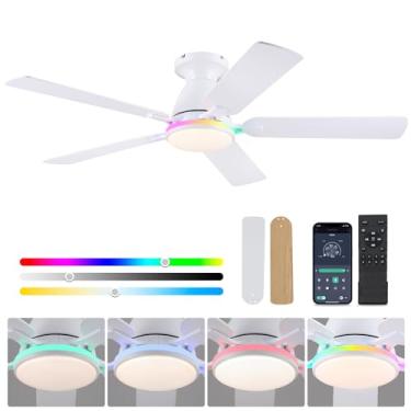 Imagem de Ventiladores de teto com luzes - Ventilador de teto interno de baixo perfil RGB de 132 cm com luz e controle remoto/aplicativo, montagem embutida, ventilador de teto moderno reversível CC regulável de