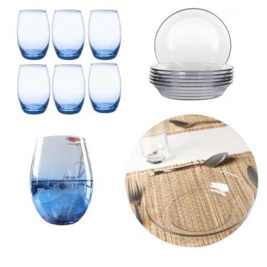 Imagem de Conjunto 6 Copo Bellagio Azul Elegante Com 6 Pratos Atras Vidro - POTE