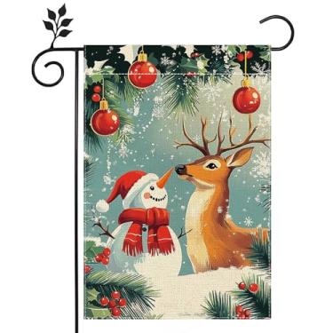 Imagem de Bandeira de jardim de boneco de neve de inverno para exterior de rena de Natal floco de neve bandeira de quintal de boas-vindas 30 x 46 cm serapilheira dupla face bandeira de férias casa de fazenda
