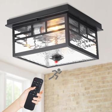 Imagem de KiwiLusam Luz de teto externa com sensor de movimento atualizado com controle remoto, sensor ajustável de 4 modos, crepúsculo ao amanhecer, luminária externa de 2 luzes com vidro ondulado de água e