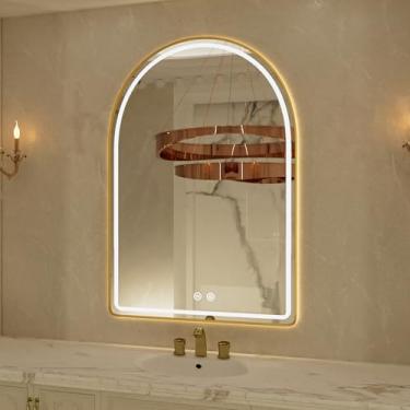 Imagem de Espelho de banheiro de LED arqueado de 61 cm x 91 cm, espelhos de banheiro de LED com moldura dourada com luz frontal e retroiluminada, antiembaçamento, regulável, 3 cores, função de memória, espelho