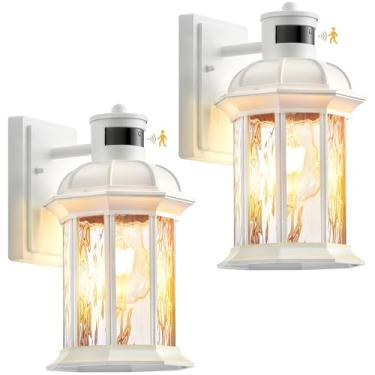 Imagem de VIANIS Pacote com 2 luzes externas com sensor de movimento para casa, lanterna de parede branca de garagem, luminárias de parede LED externas modernas com vidro temperado ondulado, lâmpada de arandela