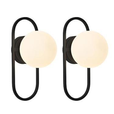 Imagem de SeeU Arandelas de parede pretas vintage conjunto de duas lâmpadas de parede globo com persianas de vidro leitoso luminárias modernas de parede para sala de estar, quarto, escadas, corredor