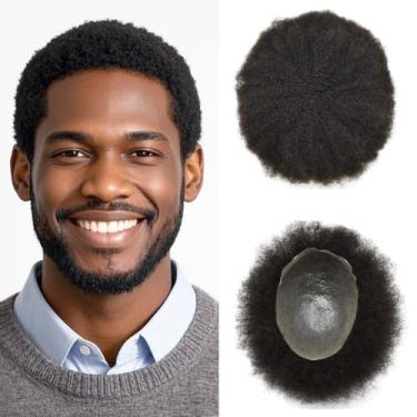 Imagem de Unidades de cabelo para homens negros peruca afro Curl peruca encaracolada de pele superfina para homens, sistema de substituição de cabelo afro, 20 x 25 cm, unidades de trama masculina (#1B preto
