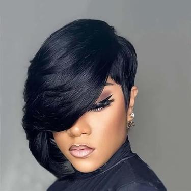 Imagem de Peruca moderna totalmente feita à máquina 20,3 cm perucas de corte Pixie reto curto com franja para mulheres negras sem cola touca de rede rosa sem cola cabelo humano virgem brasileiro perucas curtas