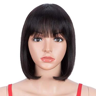Imagem de Spotlight Peruca bob lisa de 20 cm com franja de cabelo humano 180% densidade de cabelo humano curto com franja, nenhuma peruca frontal de renda, peruca de cabelo liso brasileiro para mulheres negras