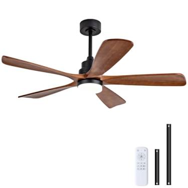 Imagem de Ventiladores de teto externos de 52 polegadas com luzes e controle remoto, ventiladores de teto de madeira reguláveis de 5 lâminas para pátios, ventilador de teto de nogueira preta com luzes, motor CC