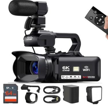 Imagem de KLIOMAX Câmera de vídeo HD 6K, filmadora de 64 MP 60 FPS, 6 K, com microfone, WiFi, luz LED, cartão SD de 64 GB, bateria, webcam de transmissão ao vivo, câmera de vídeo do YouTube para criadores de