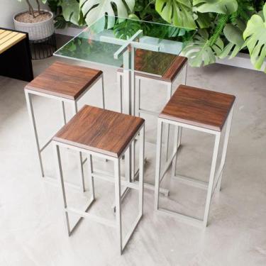 Imagem de Conjunto Mesa Alta Bar Bistrô Quadrada Vidro 4 Bancos Imbuia Industria