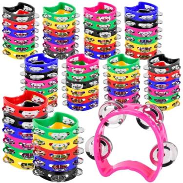 Imagem de 60 pandeiros multicoloridos para adultos – 4 sinos de instrumentos musicais portáteis e criadores de ruído perfeitos para eventos de caridade, igreja, jardim de infância, casamentos, festas de Natal e