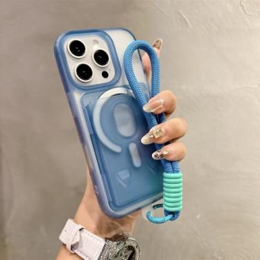 Imagem de Capa magnética transparente fosca com porta-cartões para iPhone 16, 15, 14, 13, 12, 11, 16 Pro Max Plus, alça de pulso, capa com cordão, azul, para iPhone 14 Pro
