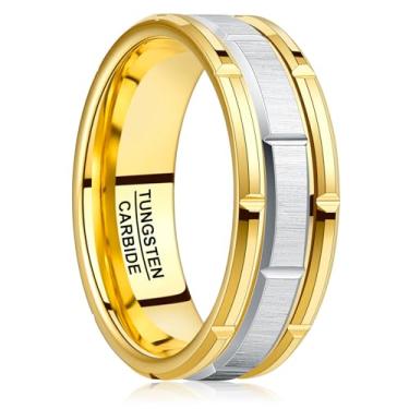 Imagem de NUNCAD Anéis de tungstênio para homens, aliança de casamento masculina, padrão de tijolo, ouro escovado, prata, dois tons, anel de noivado masculino promessa de conforto, ajuste 8 mm, tamanho 7-12, 12