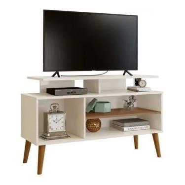 Imagem de Rack TV Lyon Retro Branco para Tv Até 50 Polegadas Pés Madeira - Kazza Shop