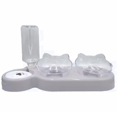 Imagem de Comedouro Elevado Triplo para Cães e Gatos com Bebedouro Acoplado e Armazenamento de Ração (Cinza)