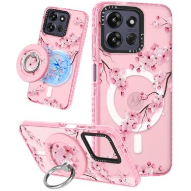Imagem de Lotadilo Linda capa para Moto G Power/Play 5G 2025 para mulheres e meninas - Design engraçado de flor de pêssego compatível com suporte de anel Magsafe, suporte magnético, capas de telefone de TPU da
