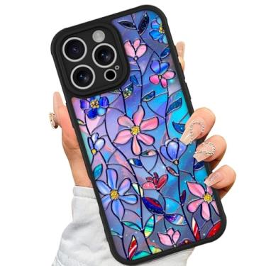 Imagem de AIGOMARA Capa para iPhone 16 Pro Max [compatível com MagSafe] Design de padrão floral de flor azul colorida TPU macio amortecedor rígido PC traseiro antiqueda à prova de choque capa magnética fina