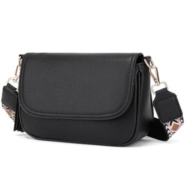 Imagem de NGGU Bolsa tiracolo feminina - Bolsa tiracolo de couro com alça ajustável, bolsa de ombro pequena leve para viagens e todos os dias, Preto, Bolsa quadrada pequena