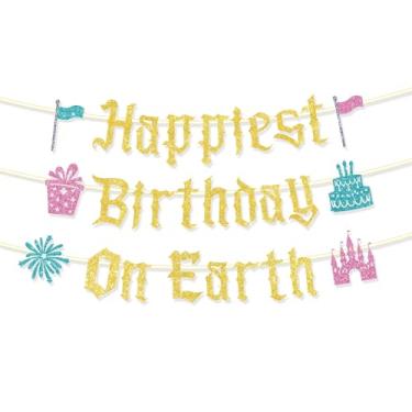 Imagem de Happiest Birthday on Earth Banner, Glitter Dourado Decorações Festa Princesa com Castelo Fogos Artifício Bandeira Sonhador Suprimentos Festa Aniversário para Meninas Crianças Fundo Photobooth