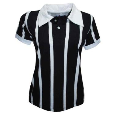 Imagem de Camisa Polo Botão Liga Retrô Feminina  Listrada m, Preto, Branco, m