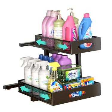 Imagem de Beleeb Organizador embaixo da pia, atualização extralarga, 1 pacote de organizador de armário deslizante de metal de 2 camadas, série de organização e armazenamento com altura ajustável, organização