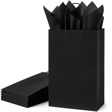 Imagem de SUNCOLOR Pacote com 24 sacos de presente pretos com alças – Sacos de presente de 20 cm com 24 papéis de seda pretos para lembrancinhas de festa, Halloween, casamentos, eventos corporativos e festas